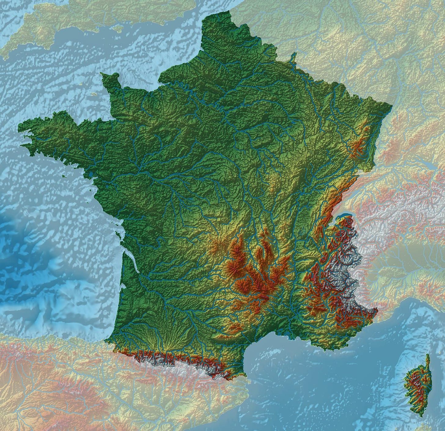 Geographical map of France: topography and physical features of France