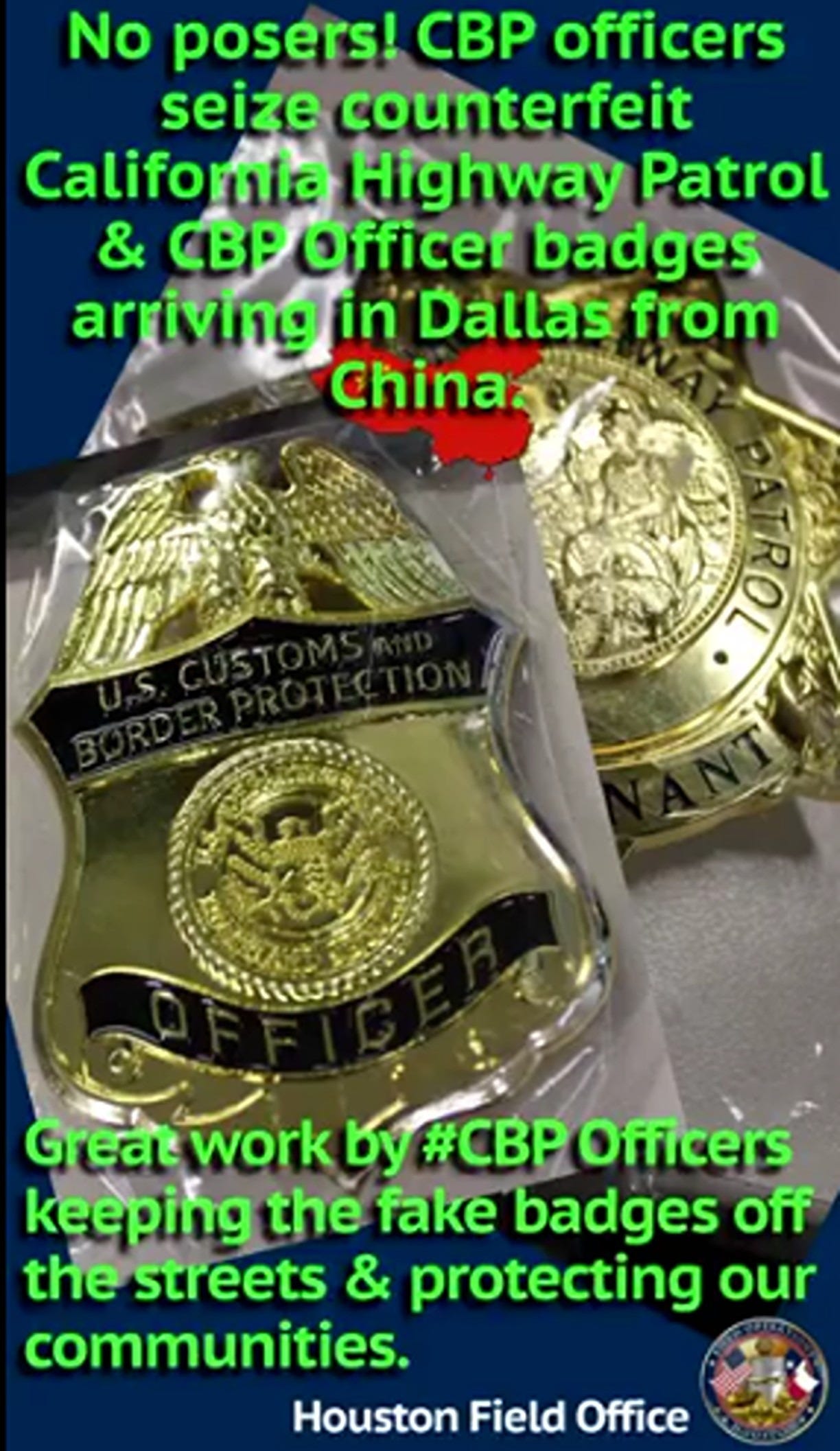 Counterfeit CBP & CHP Badges seized upon arrival at Dallas-Fort Worth International Airport from China. Counterfeit CBP & CHP Badges seized upon arrival at Dallas-Fort Worth International Airport from China.