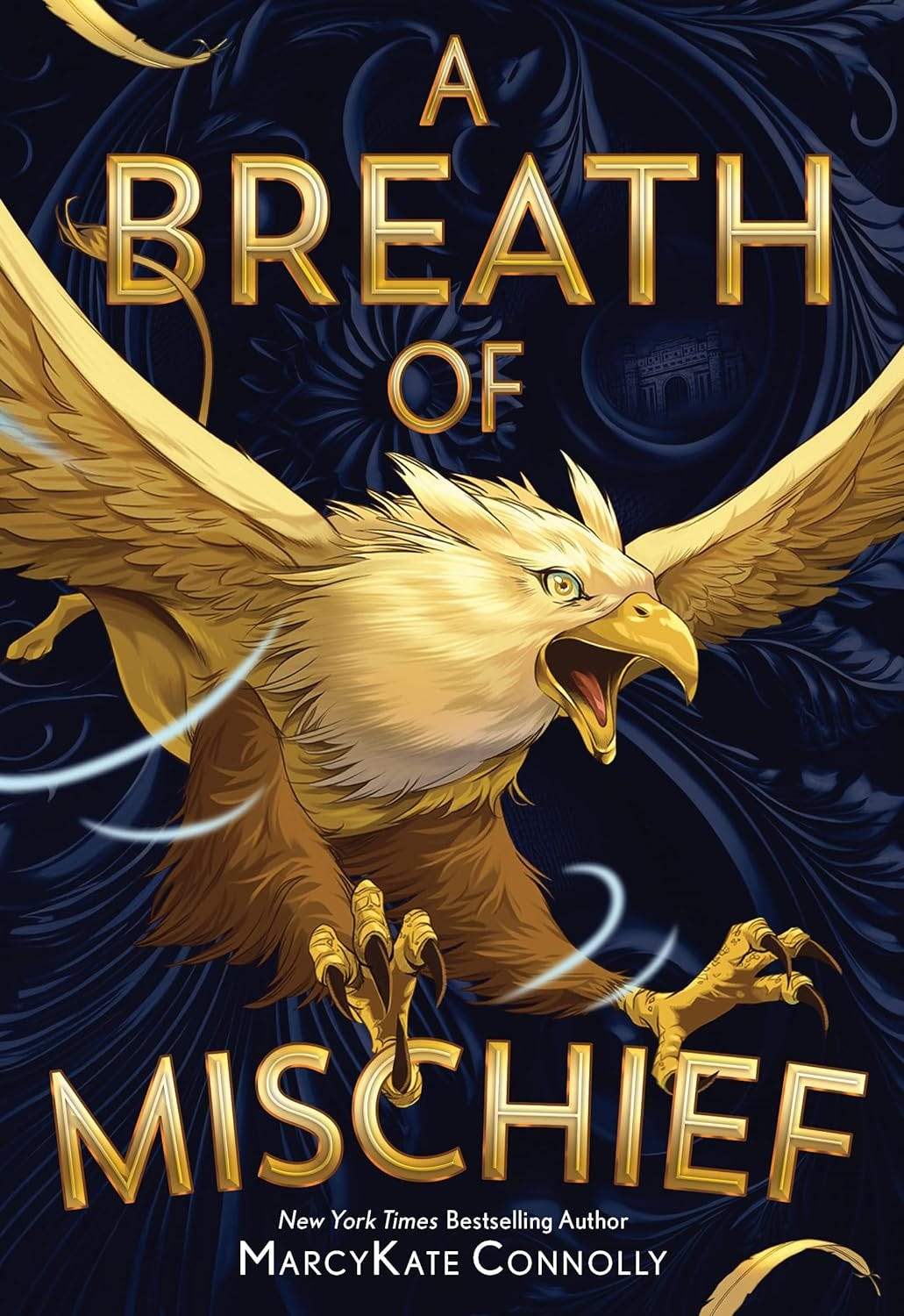 The cover of A Breath of Mischief shows a golden mythical bird flying toward the reader