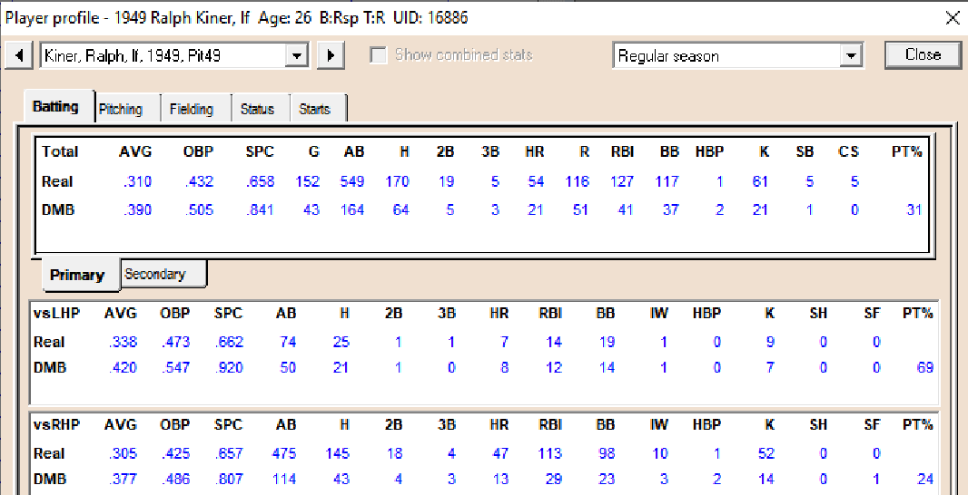 Diamond Mind Baseball 1949 Ralph Kiner Stats June