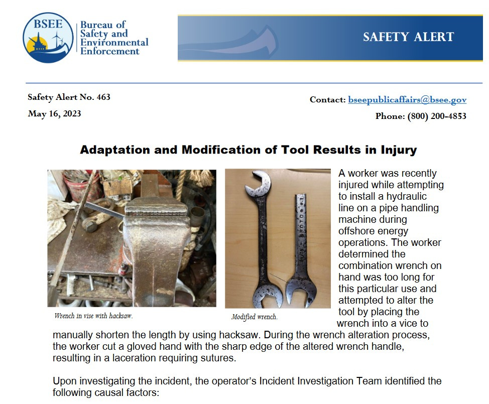 BSEE safety alert tool injury prestartup safety review