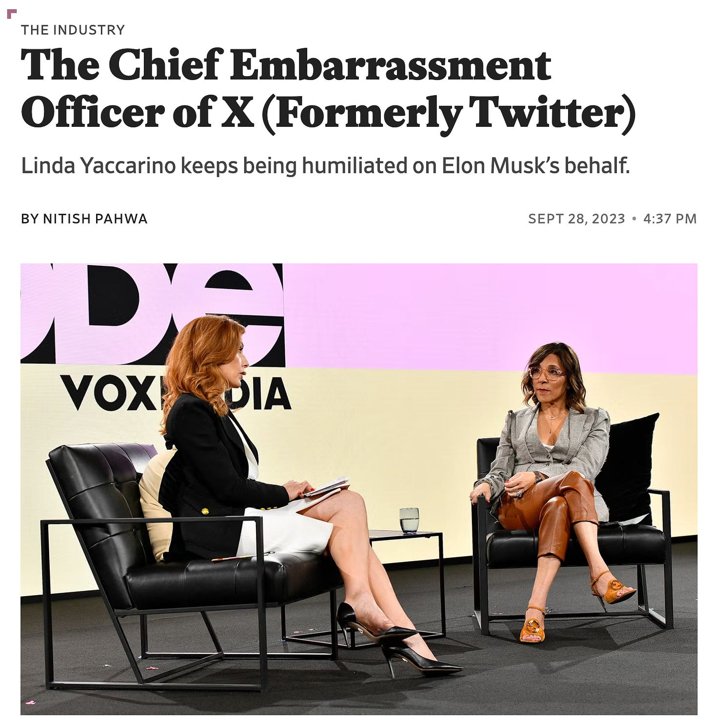 A Slate headline reading “The Chief Embarrassment Officer of X (Formerly Twitter): Linda Yaccarino keeps being humiliated on Elon Musk’s behalf.” 