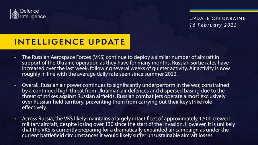 Defence Intelligence update on Ukraine for 16 February 2023 - please see thread below for full image text
