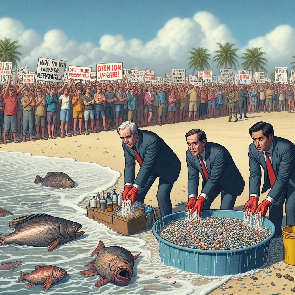 A group of three politicians washing their hands of a beach cleanup, the beach polluted by millions of plastic pellets, dead fish and million of plastic pellets on the beach, the politicians don't want to be responsible, politicians are turning their backs to a large group of angry voters holding protest signs, politicians look scared, cowardly, digital art