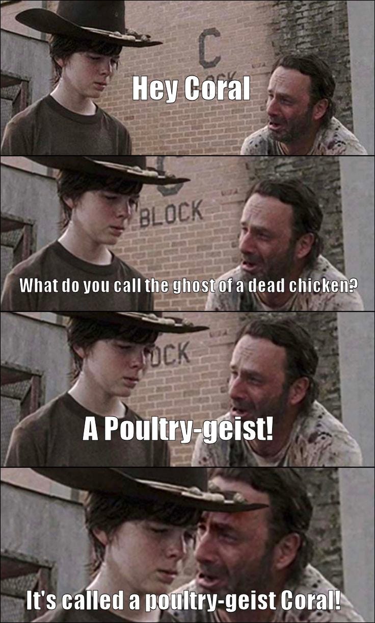 meme about Rick telling a terrible dad joke to Carl. The original scene is Rick crying and Carl being impassible when Lorie just died.