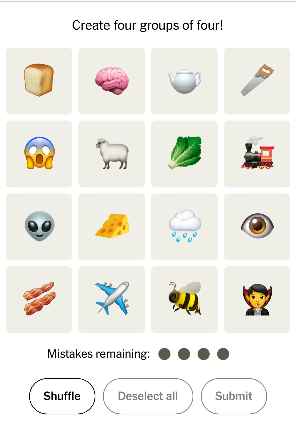 A grid of sixteen emojis with the task of creating groups of four: bread, brain, teapot, saw, scream face, sheep, lettuce, train, alien, cheese, raincloud, eye, bacon, airplane, bee, and vampire.