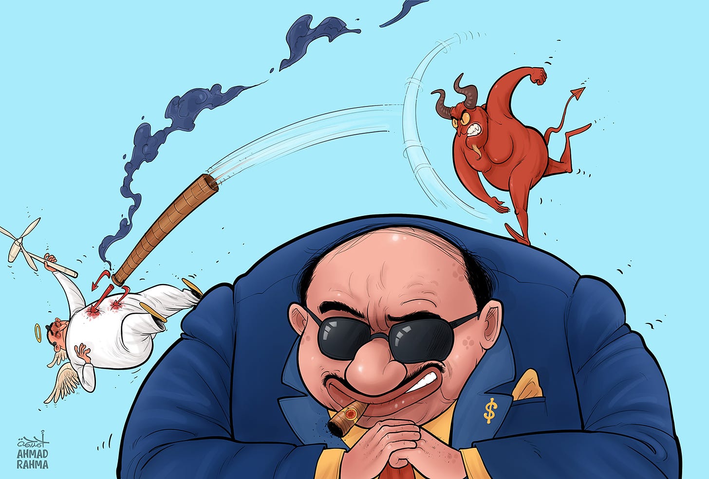 Cartoon showing a rich business man. On his right shoulder, a devil is throwing a trident shaped like a smoking chimney into the heart of an angel on his left shoulder, who is carrying a wind turbine as a staff.
