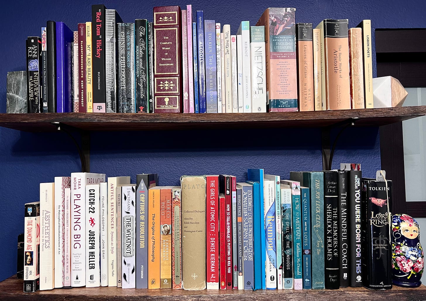 Two rows of books on wood wall shelves