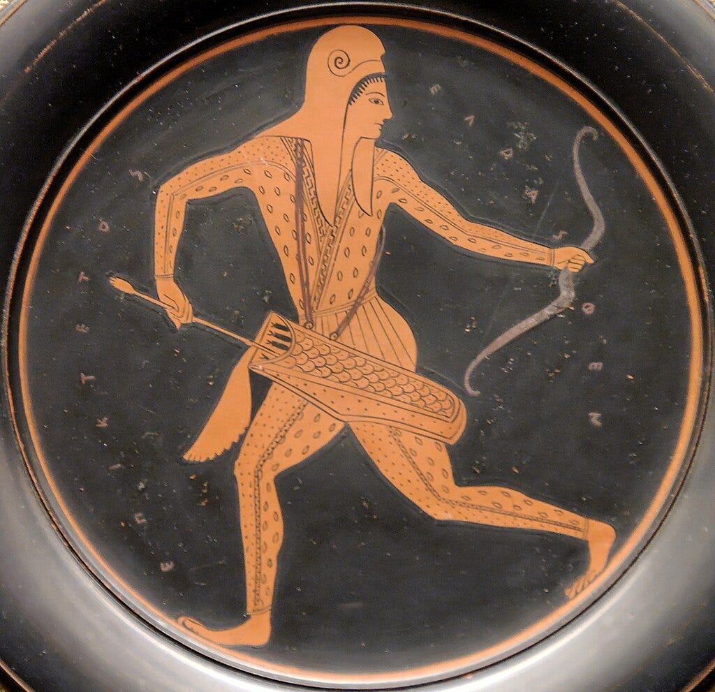 An Attic red-figure vase-painting of a Scythian archer by Epiktetos, 520–500 BC