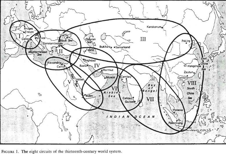 A black and white map of Eurasia and Africa, illustrated with eight irregular oval shapes. The first stretches from contemporary Belgium to northern Italy; the second covers Italy and the eastern Mediterranean; the third covers the Black Sea and central Asia as far as Peking (Beijing) in China; the fourth covers Iraq and the Persian Gulf; the fifth covers Egypt, the Red Sea, and the Horn of Africa; the sixth covers the west Indian Ocean including India; the seventh covers the east Indian Ocean including India and the Straits of Malacca; the eighth stretches from the Straits of Malacca to Peking (Beijing).