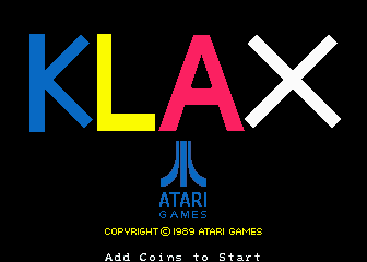 A screenshot of the title screen for the arcade version of Klax, featuring the multi-color game logo, as well as the Atari Games logo below. The background is black.