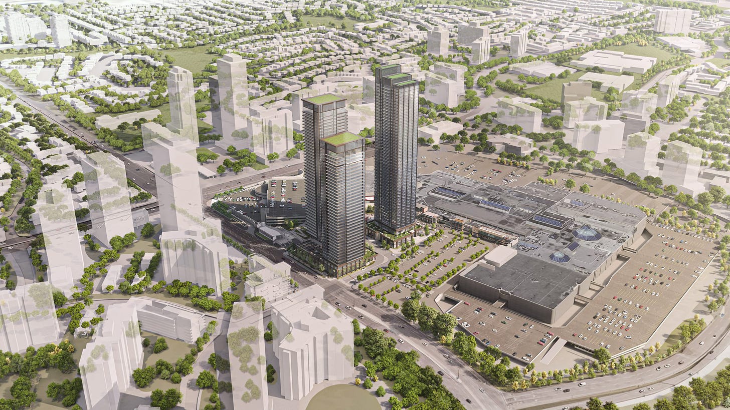 A development rendering showing three large condo towers in the parking lot of a mall