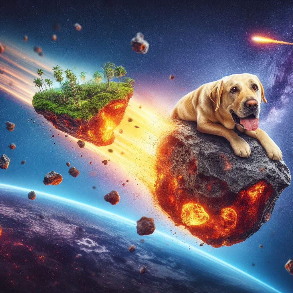 “Meteorite about to crash on Earth. The meteorite is shaped like a tropical island. A golden labrador is floating in space.”