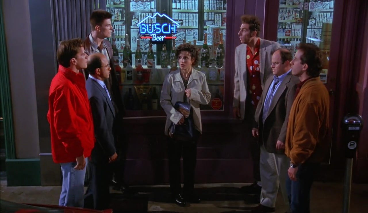 scene from Seinfeld where Jerry, George and Kramer meet their bizarro selves