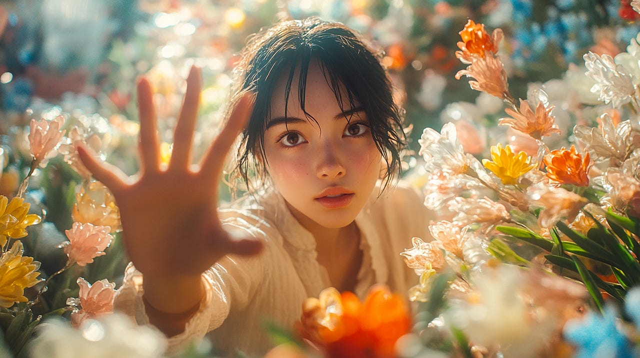 Young Colomian Woman in the Dream Shop, reaching one hand towards the camera, dry face, five fingers, Spring morning, Muxia style, scene shooting 1000 translucent colorful wild figurines planted in the Monet-like garden, multitude of relics can be clearly seen, magic, beautiful, romantic, dreamy, realistic, high-definition shooting by Miyazaki.