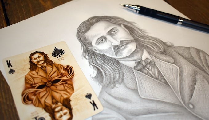 A hand-drawn pencil sketch of Wild Bill Hickok alongside the final King of Spades playing card.