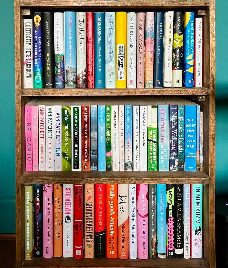 A wooden book shelf against a blue wall is filled with books. The top shelf is mostly non-fiction with queer books, nature writing, food writing. The second shelf is mostly fiction with books by Ann Patchett, Anne Tyler, Anne Enright, Elizabeth Strout, Mary Lawson, Liane Moriarty and Sarah Moss. The bottom shelf is filled with contemporary literary fiction, mostly queer.