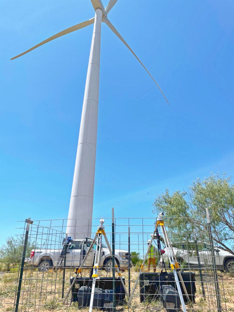 A typical installation of monitoring equipment near a wind turbine.