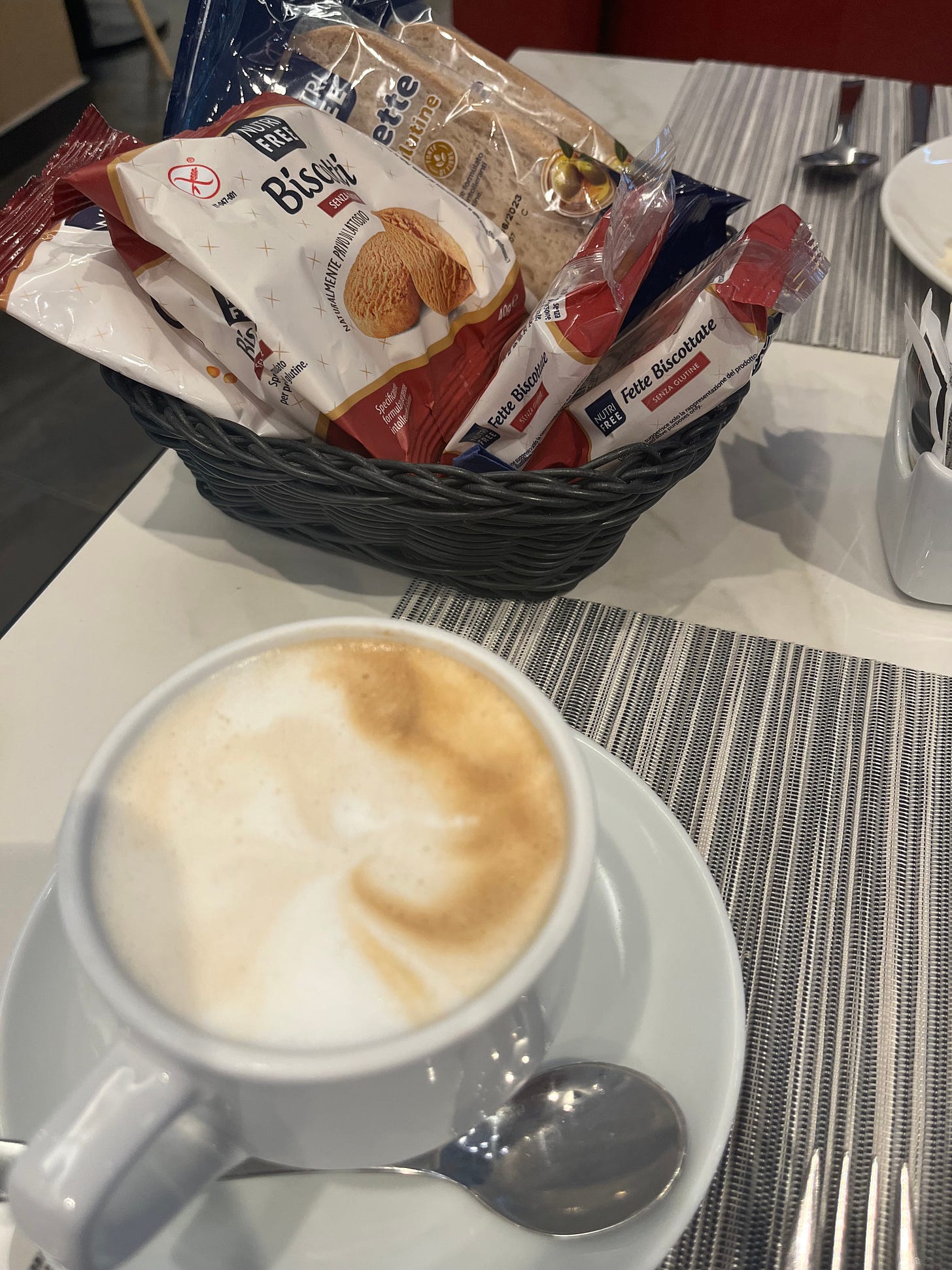 cappuccino and gluten-free bread basket