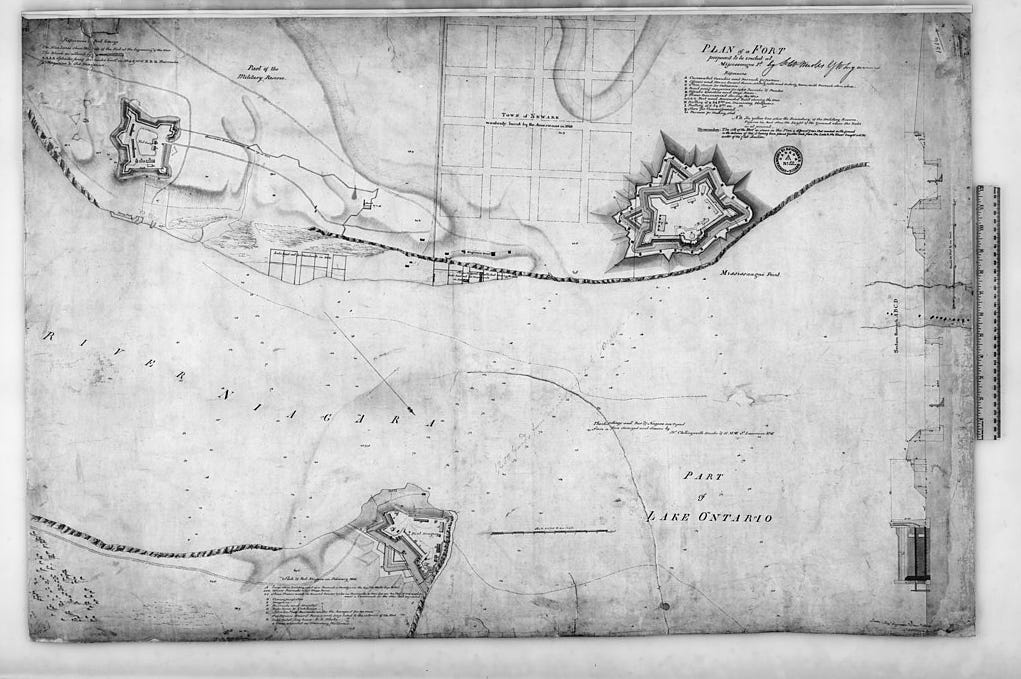 A map of the proposed plan for Fort Mississauga with Fort Niagara on the opposite side of the river.