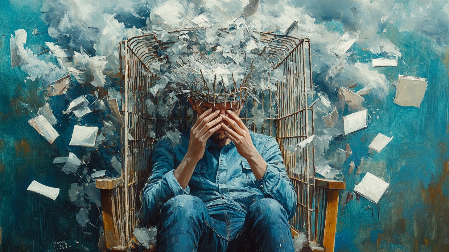 Surreal painting of a distressed man sitting in a wooden chair with his head in his hands, surrounded by an exploding birdcage that symbolizes mental overload. Papers and debris fly around him in a chaotic blue-toned background, representing anxiety and emotional pressure.