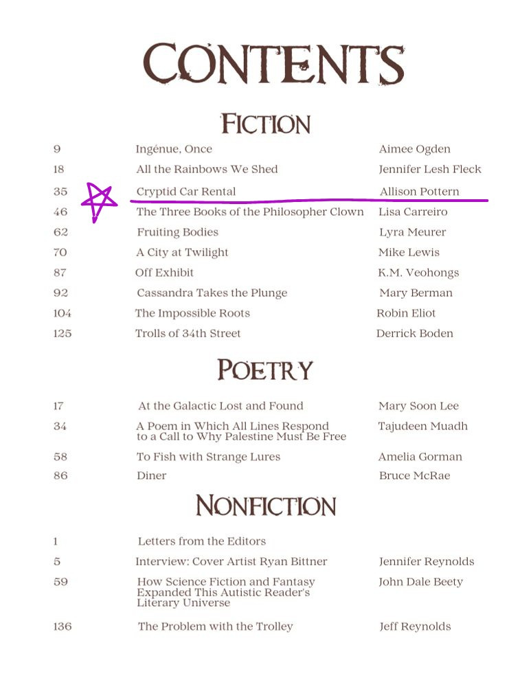 Trollbreath issue one table of contents; Cryptid Car Rental by Allison Pottern is listed third and has a handdrawn star next to it. That's me!