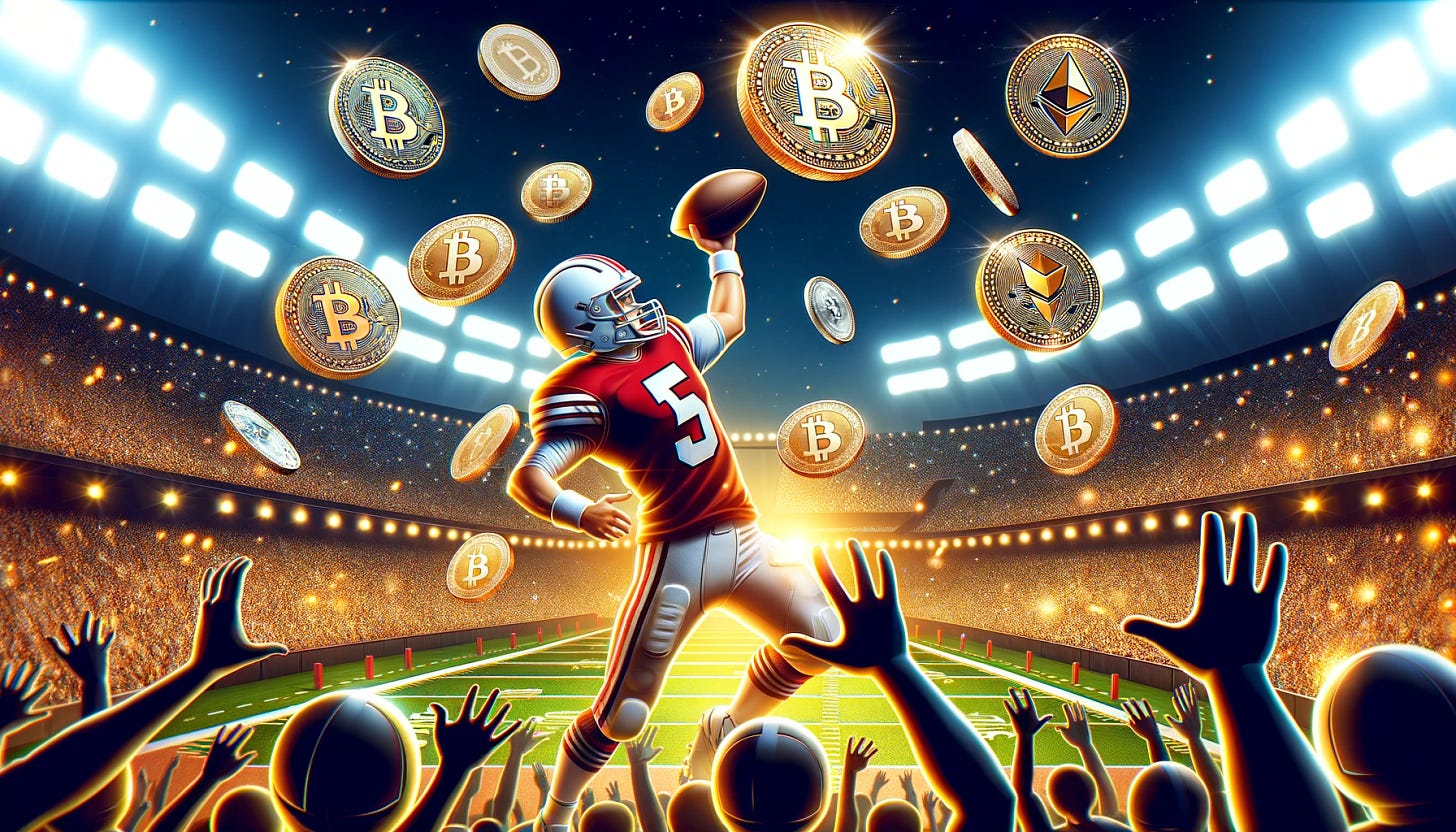 Design a 16:9 image where a quarterback, dressed in a professional football uniform, is energetically throwing a variety of shining cryptocurrencies into a crowd of excited fans in a stadium. The coins should be stylized and easily recognizable as popular cryptocurrencies (Bitcoin, Ethereum, etc.). The stadium should be packed and the atmosphere electric, with bright lights illuminating the scene. Make sure to capture the motion and excitement of the moment, as the quarterback makes a powerful throw, and the crowd reaches out eagerly to catch the digital currency.