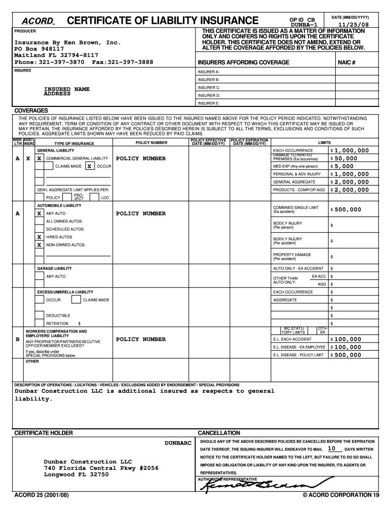 Certificate of liability insurance form: Fill out & sign online | DocHub