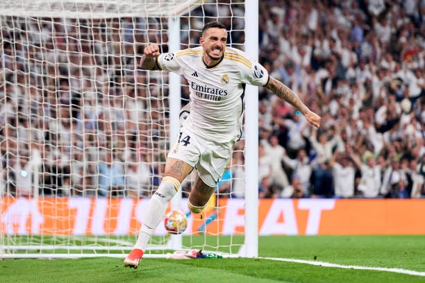 Joselu Mato Real Madrid celebrates after scoring his team's first goal during the UEFA Champions League semi-final second leg match between Real...