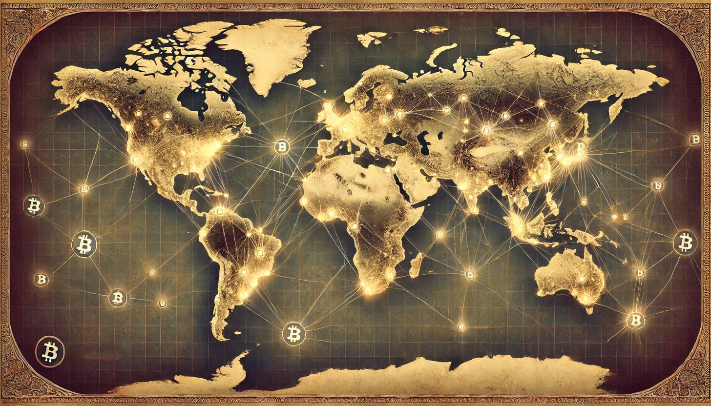 A large-scale, vintage-style geographic map showcasing strategic Bitcoin mining farms across the world, with a heavy concentration of points in Africa, China, and Eastern Russia. The map features aged paper textures, detailed hand-drawn continents, and glowing symbols marking mining farm locations. The design emphasizes the geostrategic importance of these regions, with a visually striking and expansive layout to accommodate detailed labeling and connectivity. The map blends classical cartographic aesthetics with modern Bitcoin concepts.