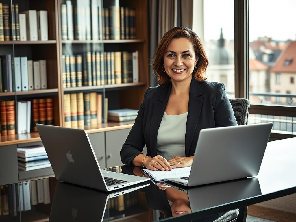A smiling woman in a business suit sitting at a desk with two laptops and a bookshelf in the background