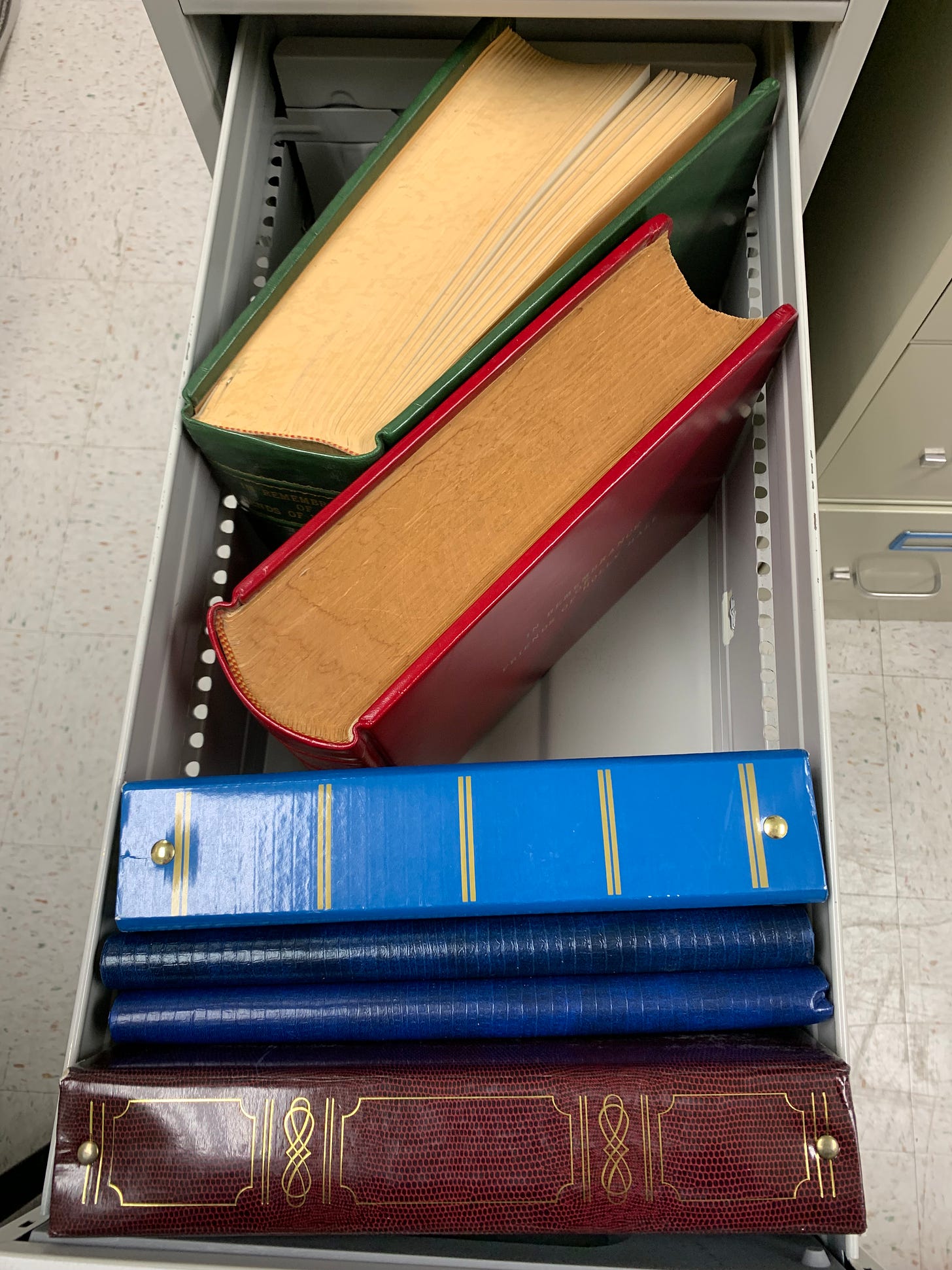 View of volumes and photo albums in a filing cabinet