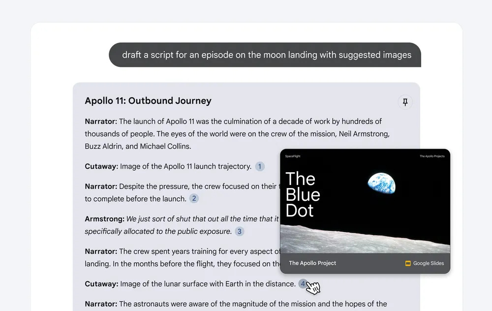 an image of a draft script for an episode of a program on the moon landing with suggested images, including a picture of the earth from the moon