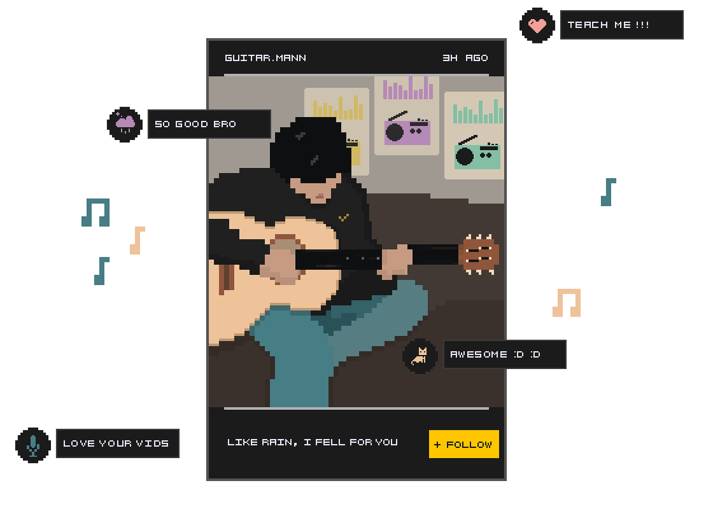 Commissioned pixel art image of a phone screen with a still of a man playing guitar on his couch, posted on a video sharing platform. There are positive comments and music notes floating around the screen.