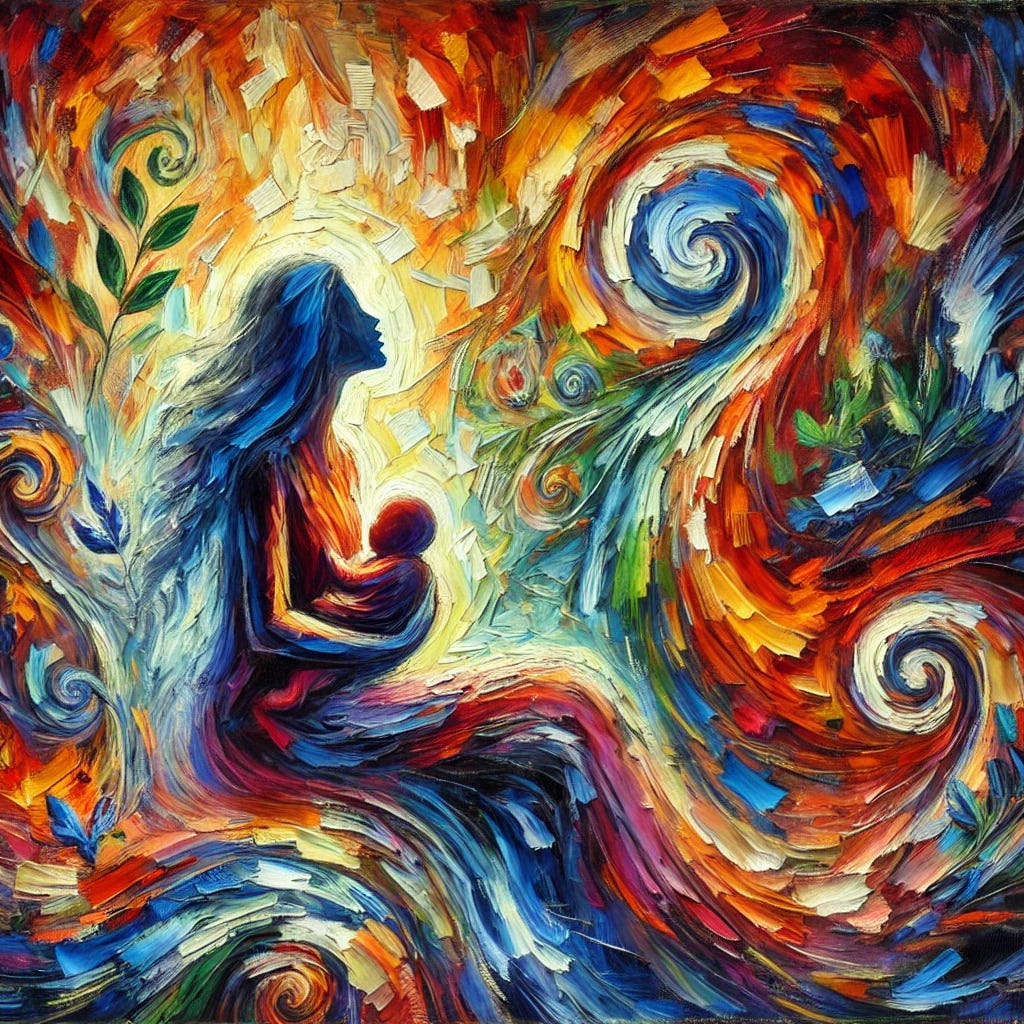 A vibrant oil painting in an impressionist and abstract style, using thick, expressive brush strokes. The scene depicts the essence of a mother’s deep emotional journey raising a child with severe autism. The composition conveys both struggle and love through rich, bold colors. Swirling brush strokes create a sense of movement, symbolizing the chaotic yet profound experience of navigating medical challenges and advocacy. The mother’s presence is felt as a warm, protective force, while abstract elements evoke themes of resilience, loss, and unwavering dedication. The painting avoids literal representations, instead focusing on emotion, energy, and connection.