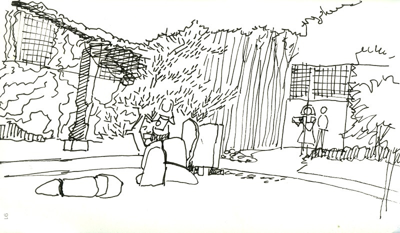 Sketch of people in a garden