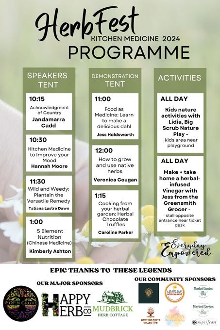 Image of HerbFest Programme - timetable for speakers, demonstrations and activities for kids and adults. HerbFest is a community herbal medicine gatheirng happening Sunday June 16, 10am-2pm 2024, at Coolum State School, Barns Lane