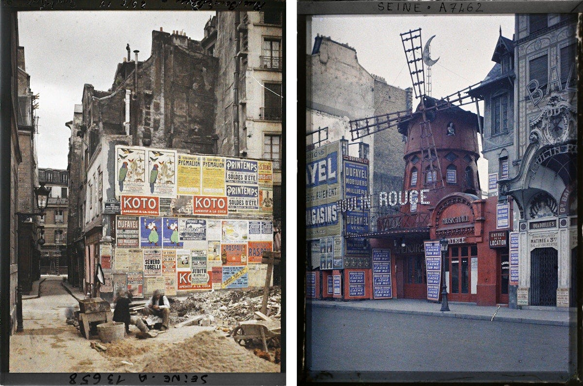 Two Parisian scenes - street workers near wall plastered with vibrant performance and retail posters amid construction debris, paired with view of iconic Moulin Rouge music hall featuring red windmill tower, crescent moon, and numerous show advertisements lining entrance.