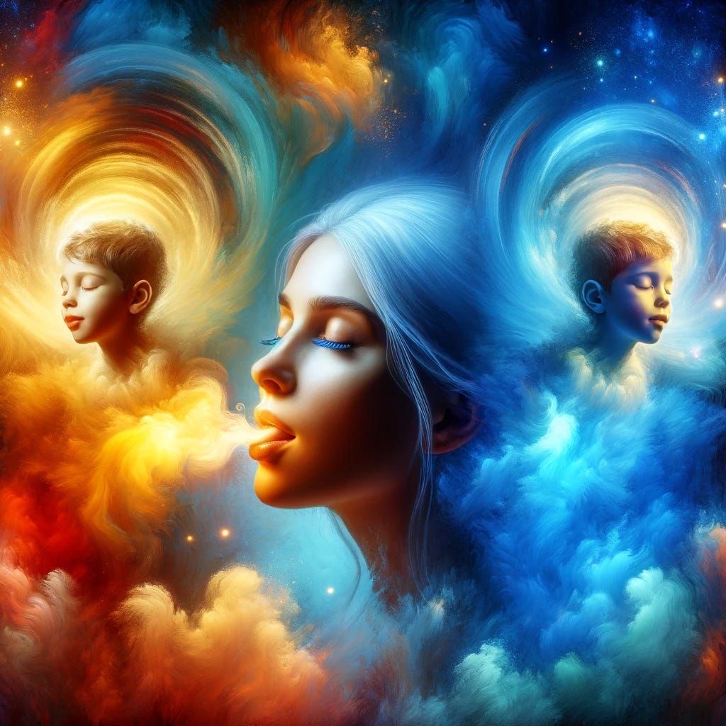 Visualize a surreal, artistic representation of synesthesia, focusing on the concept of tasting colors associated with people. In the center, imagine a woman with her eyes closed, as if savoring a taste. Around her, floating ethereal images of three children, each enveloped in a distinct aura of color that represents their essence. Jacqueline is surrounded by a soft, glowing yellow light, Gunnar is encased in a serene blue hue, and Gabriela radiates a vibrant red aura. The scene should convey a sense of sensory interplay, with the colors representing the children's personalities as perceived through the woman's unique synesthetic experience.