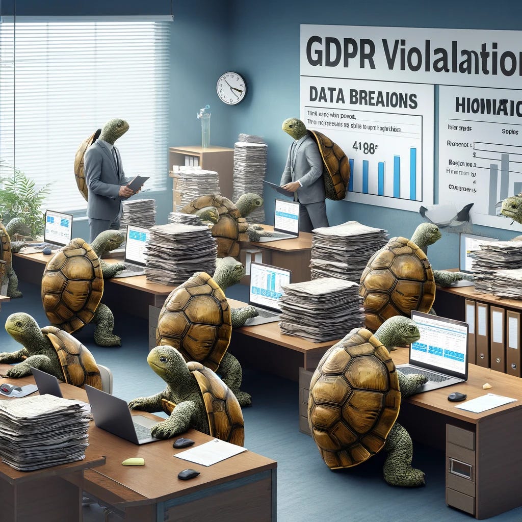 An office scene where a group of turtles, symbolizing the CNIL team, are working diligently to compile and analyze GDPR violation data. The turtles are surrounded by stacks of reports, computers displaying data breach notifications, and charts showing statistics. This environment reflects the meticulous and steady pace of the CNIL's work over the past five years, emphasizing their commitment to data protection.