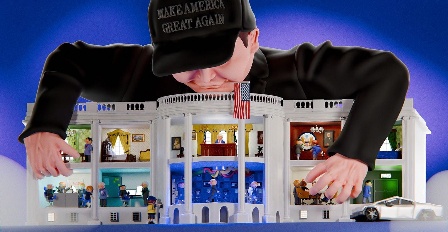 Elon Musk wearing a hat that reads Make America Great Again rearranging pieces in a dollhouse that's shaped like the...