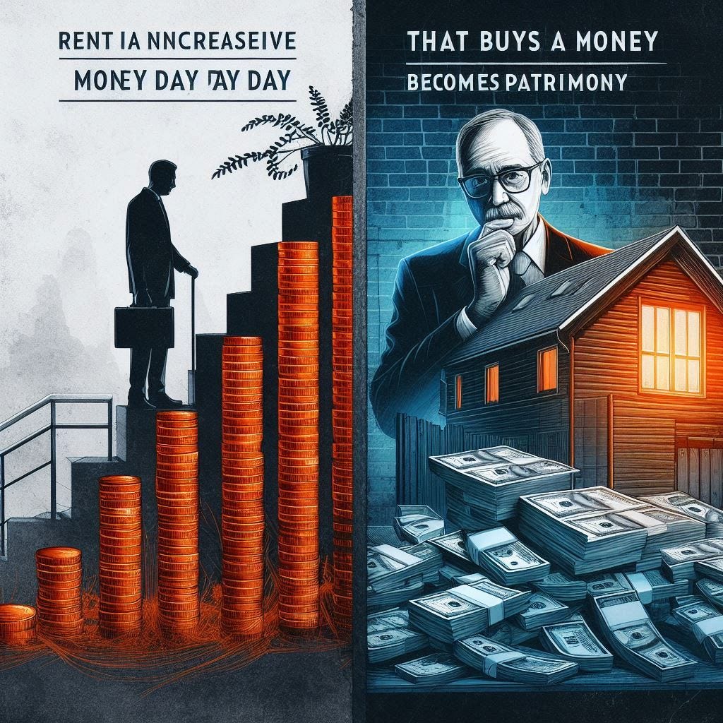una imagen dividida en dos, en el lado izquierdo, una persona que alquila una casa cada vez más cara y va perdiendo ese dinero día a día, y en el lado derecho, un inversor que compra una casa y ese dinero que paga se convierte en patrimonio, quizá construye su propia casa