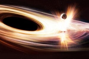 Artist’s impression of the accretion disc around the massive black hole Ansky and its interaction with a small celestial object
