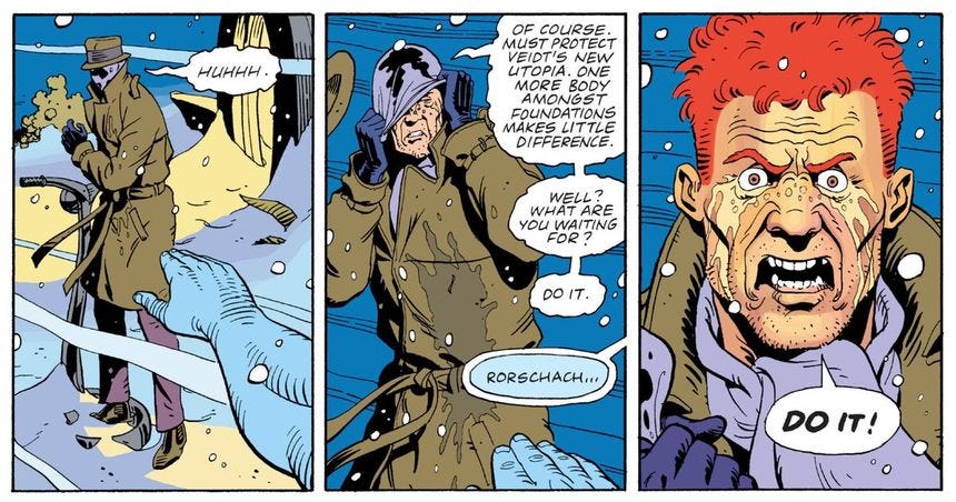 Rorschach screams at Doctor Manhattan to get it over with and kill him, in Watchmen, DC Comics (1987).