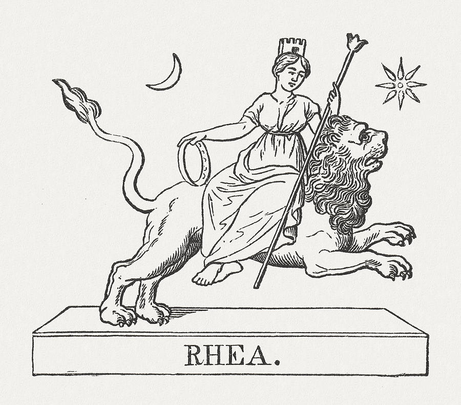 An antique linocut drawing of the goddess Rhea, in ancient Greek dress, riding sidesaddle on top of a leaping lion. She is wearing a mural crown and holding a tambourine or frame drum. A crescent moon and sun hang in the sky near her. Beneath the lion is a plinth with Rhea's name engraved on it.