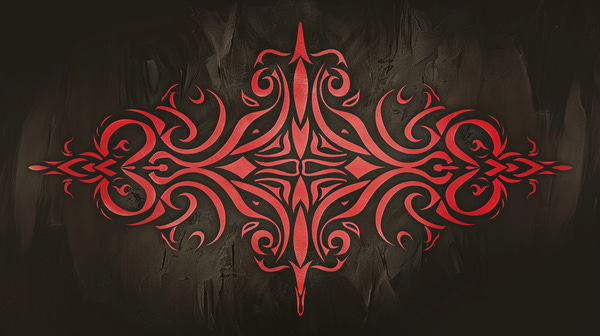 Ancient tribal tattoo in vibrant red on black background.
