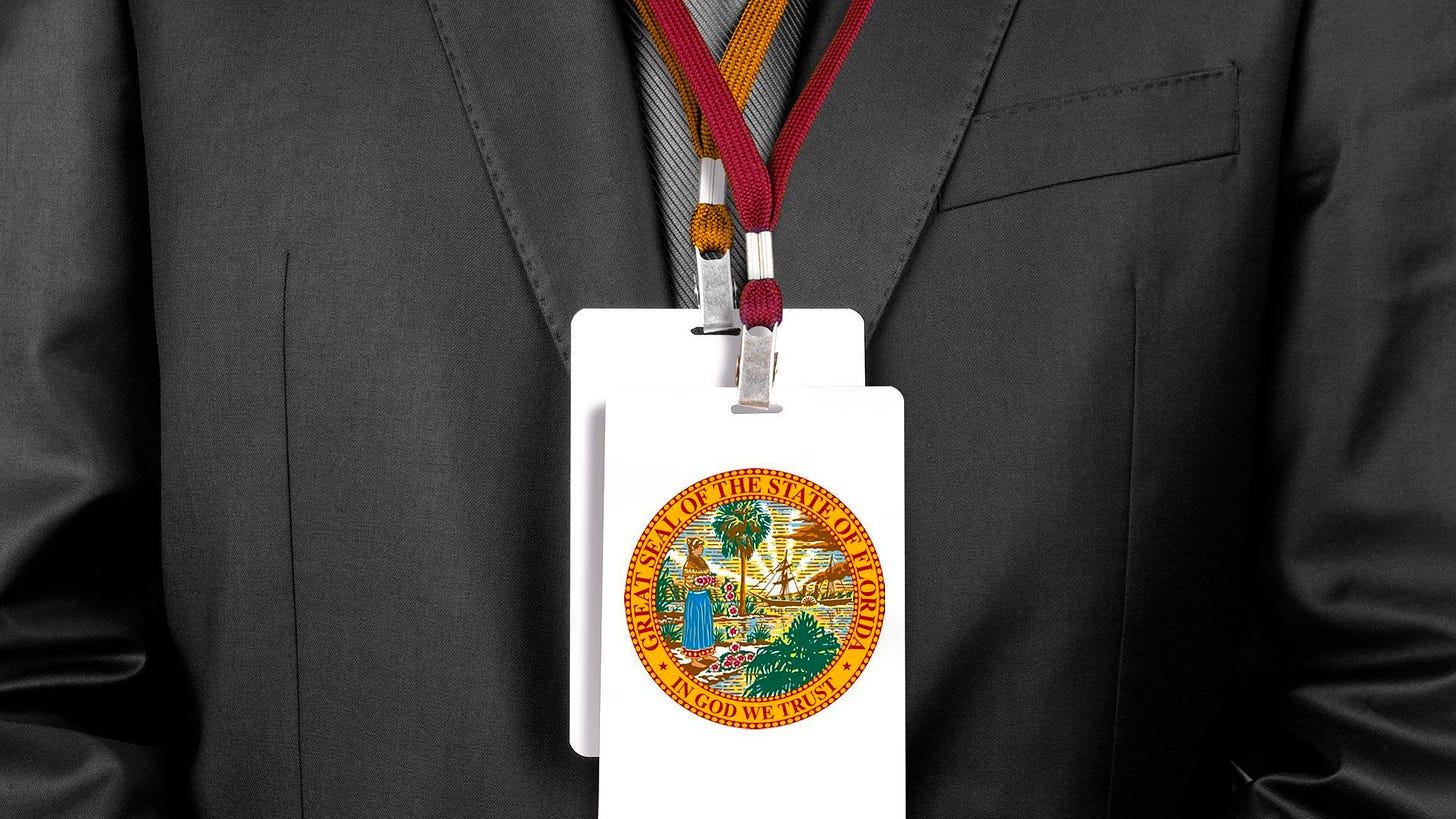 Illustration of a person wearing a suit with two badges on lanyards with the Florida Seal printed on one
