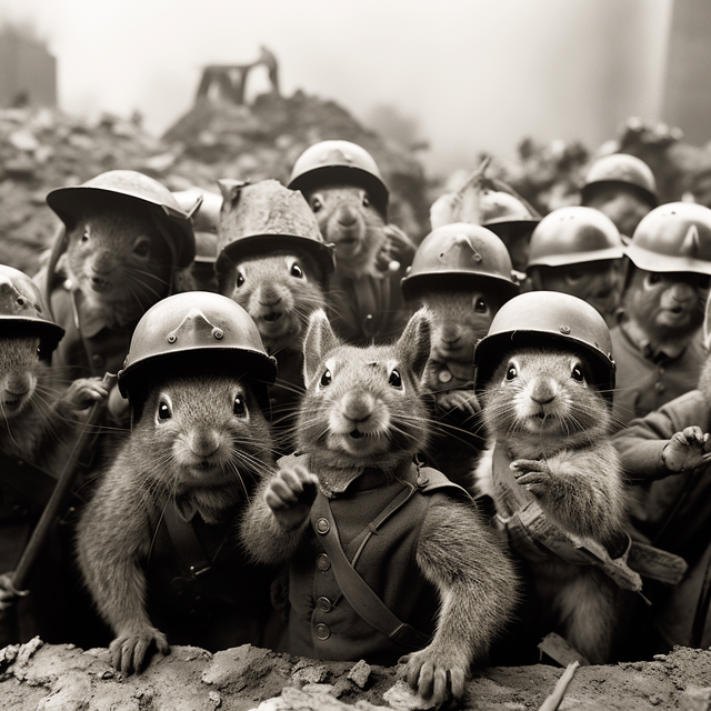 r/midjourney - The 11th Pinenut Division in cheery spirits during the Battle of Acorn Ridge. 