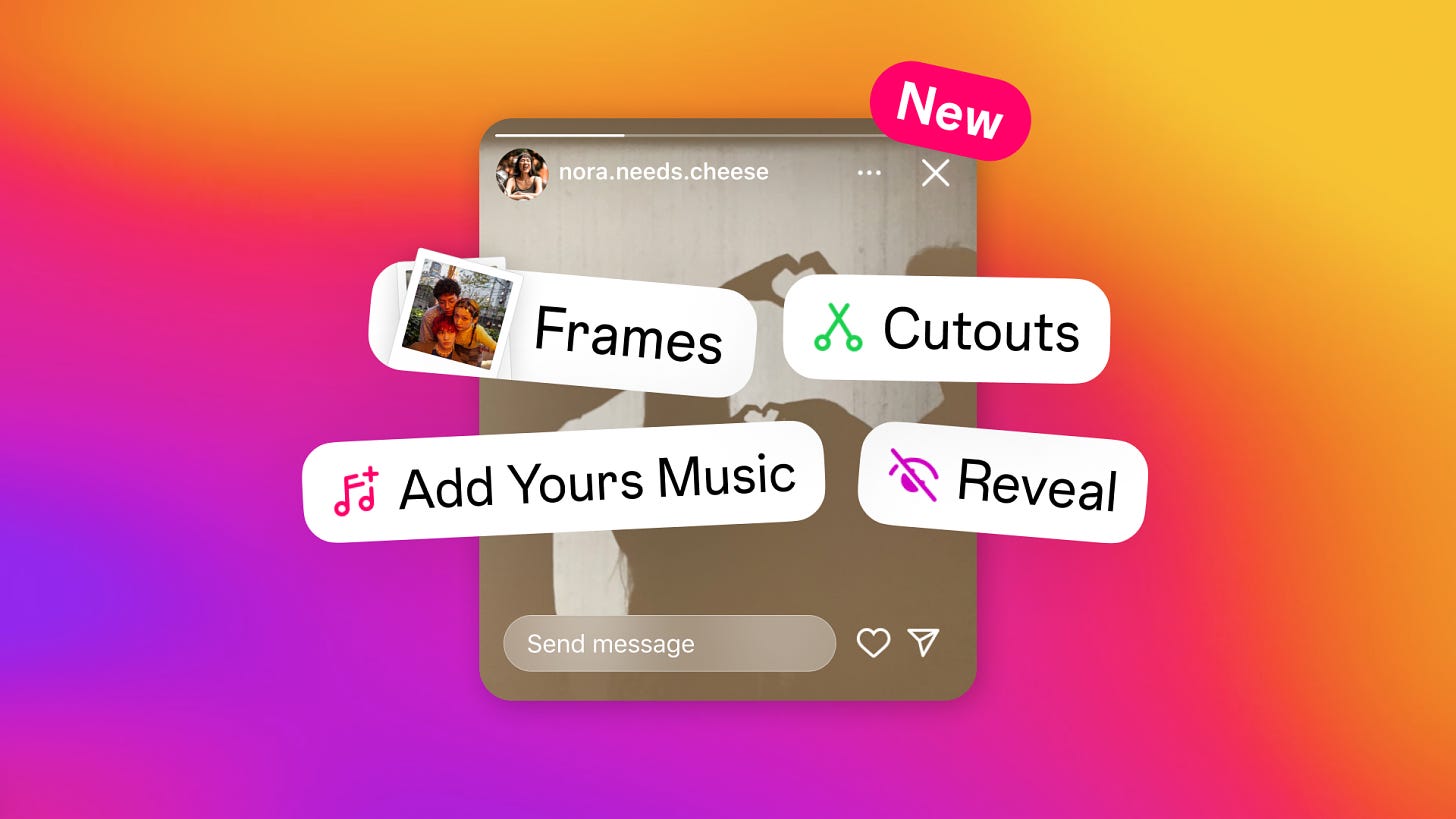 Instagram colors in the background, yellow, pink and orange ombre. There’s a cutout of a mobile screen with a NEW icon. There are four labels in the foreground: Frames, Cutouts, Add Yours Music and Reveal