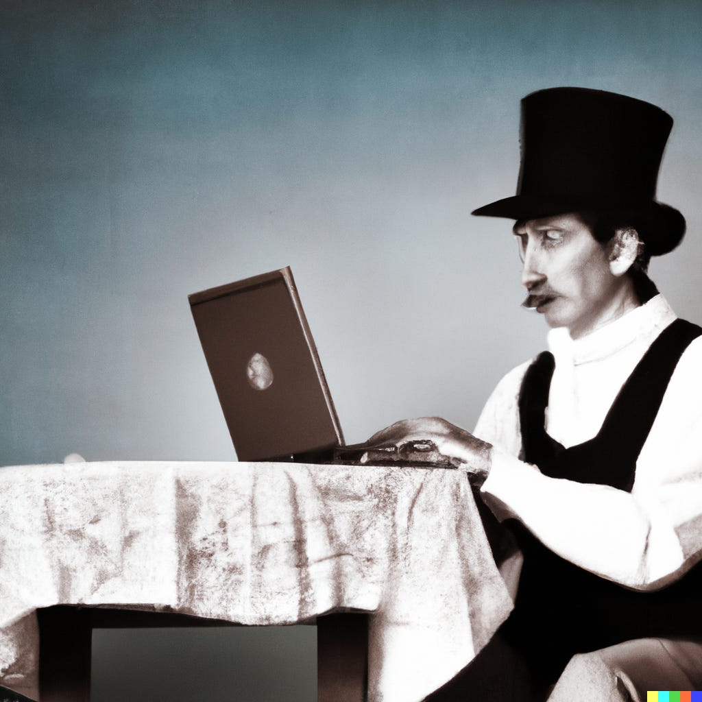 imagem gerada por inteligência artificial. homem vestido com roupas do século 19, de bigode, cartela e óculos sentado em frente a um laptop moderno.